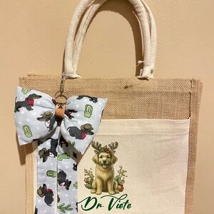 Jute with Canvas Pocket Tote Bag - Printed Dog with Bow Puff Accessory